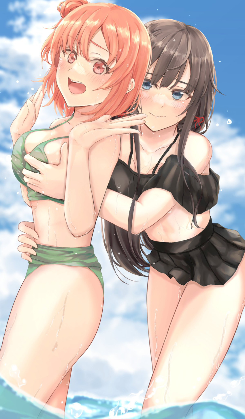 2girls bikini bikini_skirt black_bikini black_hair blue_eyes blue_sky blush breasts closed_mouth cloud collarbone day grabbing grabbing_another's_breast grabbing_from_behind green_bikini hair_bun hair_ribbon highres ka1se1 long_hair multiple_girls open_mouth outdoors red_eyes red_hair red_ribbon ribbon short_hair sidelocks single_side_bun sky smile swimsuit teeth upper_teeth_only wading wet yahari_ore_no_seishun_lovecome_wa_machigatteiru. yuigahama_yui yukinoshita_yukino yuri