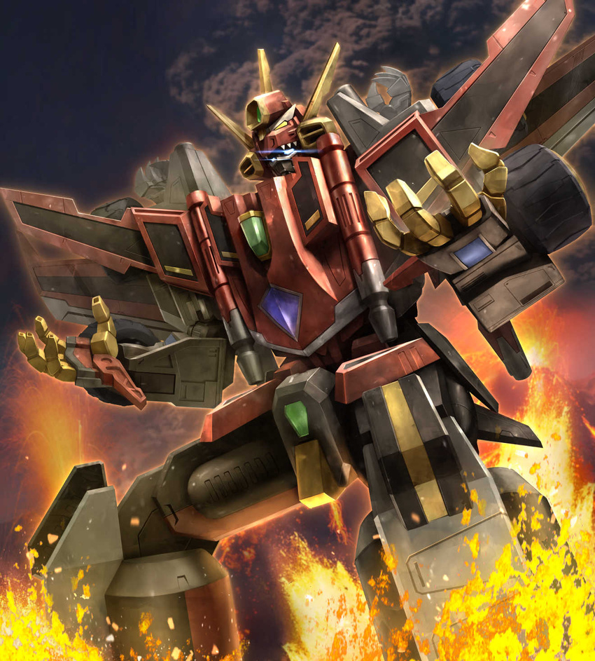 black_background dynazenon_(character) fire glowing glowing_eyes gridman_universe highres looking_ahead mecha mechanical_wings neocity222 no_humans open_hands robot science_fiction solo ssss.dynazenon super_robot wheel wings