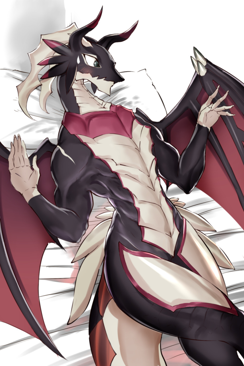 anthro athletic athletic_anthro athletic_female bed black_body blush claws dragon dragonmaid_(yu-gi-oh!) dragonmaid_sheou duel_monster featureless_chest female flat_chested furniture green_eyes hi_res horn konami lying membrane_(anatomy) membranous_wings muscular muscular_anthro muscular_female mythological_creature mythological_scalie mythology passionpit777 scales scalie solo tail thick_tail thick_thighs toned_female white_body white_scales wing_claws wings yu-gi-oh!