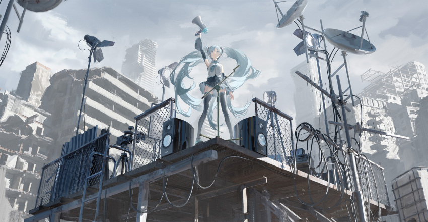 absurdres antennae aqua_hair aqua_necktie arm_up ata-zhubo black_skirt black_thighhighs boots building camera chain-link_fence cloud cloudy_sky commentary detached_sleeves female fence hatsune_miku highres holding holding_megaphone impasto long_hair megaphone necktie outdoors pleated_skirt ruins scenery shirt skirt sky sleeveless sleeveless_shirt solo speaker stage_lights standing thigh_boots thighhighs twintails very_long_hair vocaloid white_shirt zettai_ryouiki