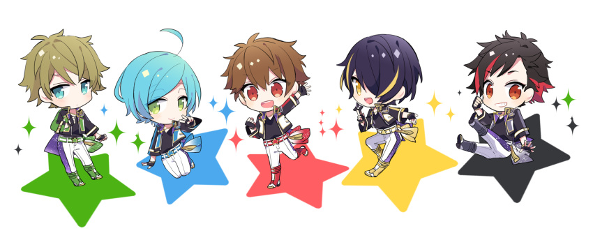 5boys :d ahoge aqua_eyes belt black_hair blonde_hair blue_footwear blue_hair boots brown_hair chibi clenched_hand closed_mouth commentary ensemble_stars! fingerless_gloves full_body gloves green_eyes green_footwear grin hair_over_one_eye highres idol kneeling looking_at_viewer male_focus morisawa_chiaki multicolored_hair multiple_boys nagumo_tetora no_nose open_mouth pants red_eyes red_footwear red_hair ryuuseitai_(ensemble_stars!) sengoku_shinobu shinkai_kanata short_hair smile sparkle standing standing_on_one_leg star_(symbol) streaked_hair swept_bangs symbol-only_commentary takamine_midori two-tone_hair v white_background white_pants yellow_eyes yellow_footwear yoshiki