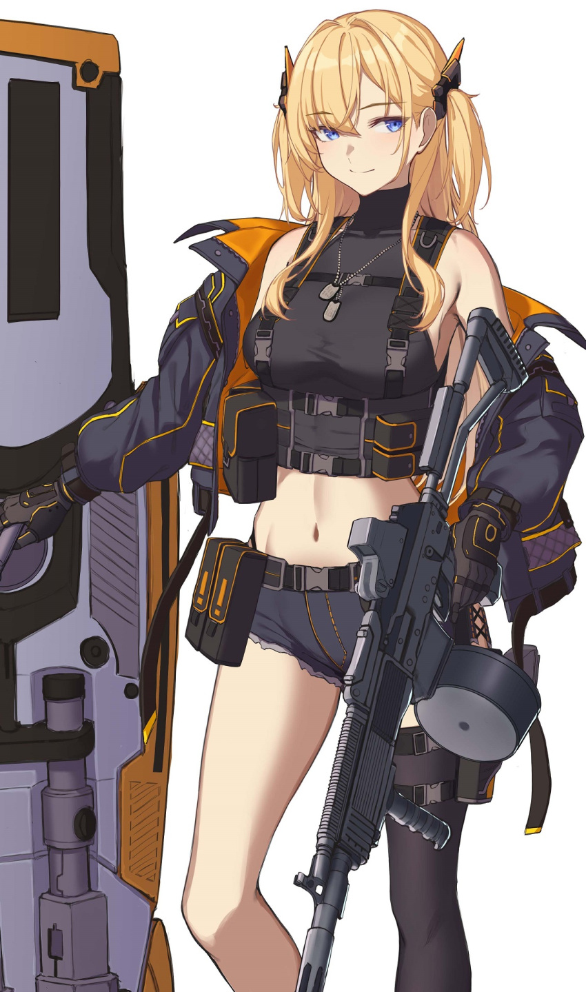 3_small_spiders assault_rifle belt_pouch black_gloves black_jacket black_shirt black_shorts black_thighhighs blonde_hair blue_eyes commentary_request commission crop_top dog_tags female gloves gun highres holding holding_gun holding_shield holding_weapon jacket linea_alba long_hair looking_at_viewer midriff navel off_shoulder original pouch rifle shield shirt shorts single_thighhigh skeb_commission sleeveless sleeveless_turtleneck smile solo standing tactical_clothes thigh_strap thighhighs tower_shield turtleneck two_side_up vepr-12 weapon