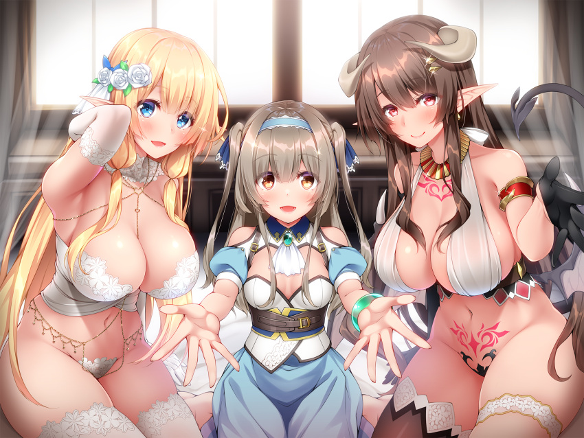 3girls :d armlet bare_shoulders black_gloves blonde_hair blue_eyes blue_ribbon blush breasts brown_eyes brown_hair cleavage closed_mouth collarbone demon_girl demon_horns demon_tail demon_wings elf eyelashes flower foreshortening gloves hair_between_eyes hair_flower hair_ornament hair_ribbon half_gloves heart heart-shaped_pupils highres horns large_breasts long_hair looking_at_viewer low_wings maebari midoriiro_no_shinzou multiple_girls navel non-web_source open_mouth original outstretched_arm outstretched_arms outstretched_hand pointy_ears reaching reaching_towards_viewer red_eyes ribbon rose sidelocks skindentation smile stomach symbol-shaped_pupils tail thighhighs twintails very_long_hair white_flower white_rose wings