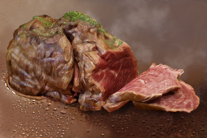 beef commentary condensation food food_focus garnish grease_(food) meat no_humans original realistic simple_background steam still_life toshi_(hokkaido2015)