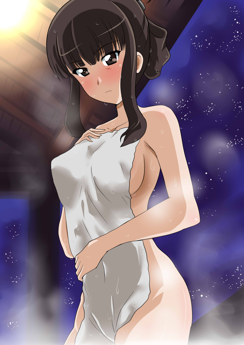 absurdres alternate_hairstyle black_eyes black_hair blunt_bangs blush breasts closed_mouth collarbone commentary covering_privates female frown girls_und_panzer hair_up hand_on_own_chest highres holding holding_towel looking_at_viewer mature_female medium_breasts night night_sky nishizumi_shiho nude_cover onsen short_hair sidelocks sky solo standing star_(sky) starry_sky steam towel wakku_kan wet wet_hair