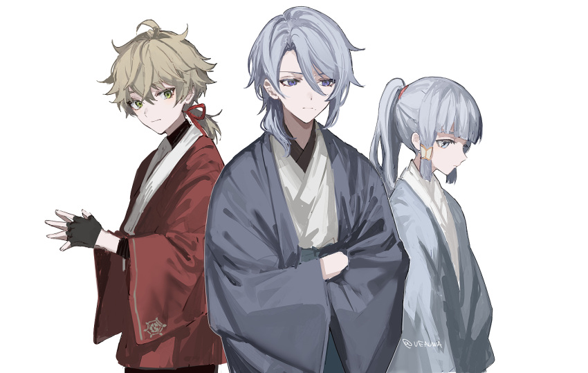 2boys alternate_costume bishounen black_gloves blonde_hair blue_hair closed_mouth crossed_arms female fingerless_gloves genshin_impact gloves green_eyes grey_eyes grey_hair japanese_clothes kamisato_ayaka kamisato_ayato long_hair long_sleeves mole mole_under_mouth multiple_boys own_hands_together ponytail simple_background thoma_(genshin_impact) twitter_username ueauwa white_background wide_sleeves