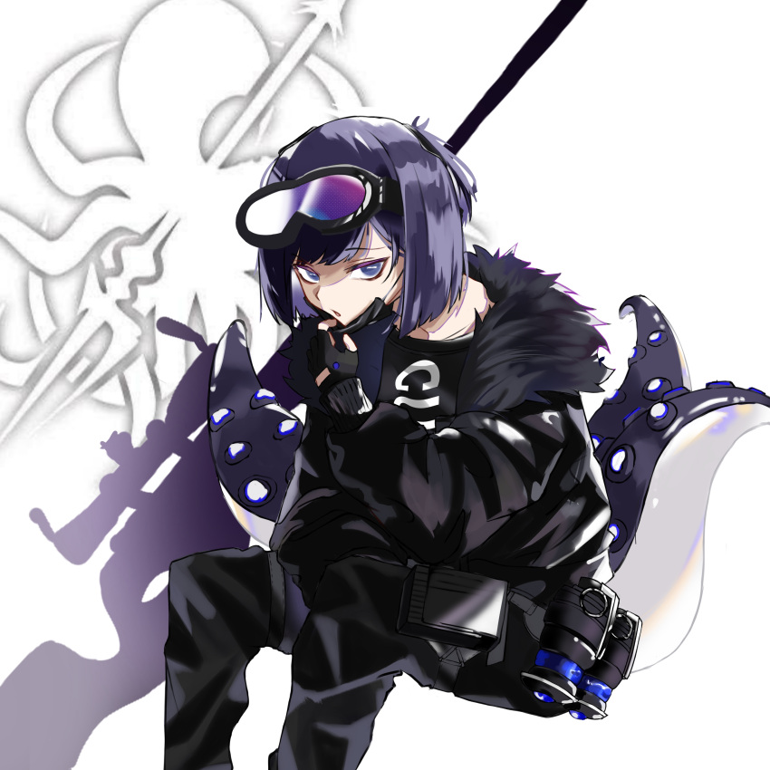 :o absurdres abyssal_hunters_logo andreana_(arknights) arknights bad_id bad_pixiv_id black_jacket black_pants black_shirt blunt_bangs commentary_request feet_out_of_frame female from_behind fur-trimmed_jacket fur_trim goggles goggles_on_head gun highres holding holding_mask jacket lefty-hand long_sleeves looking_at_viewer mask mask_pull mouth_mask open_clothes open_jacket pants partial_commentary purple_eyes purple_hair rifle shirt short_hair sniper_rifle solo tentacle weapon white_background