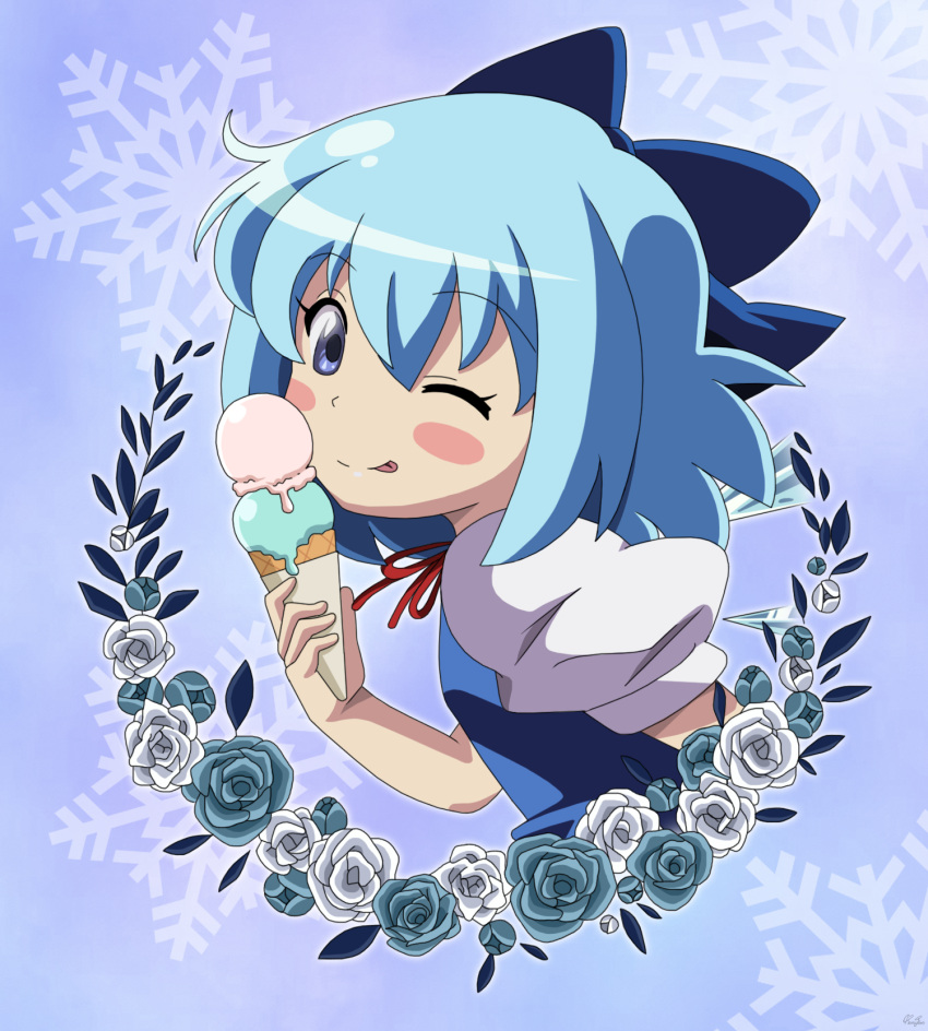 ;p anime_coloring bad_id bad_pixiv_id blue_background blue_bow blue_dress blue_eyes blue_flower blue_hair blue_rose blush blush_stickers bow bowtie breasts cirno closed_mouth collared_shirt commentary_request dress fairy female flower food hair_between_eyes hand_up highres ice_cream leaf looking_at_viewer lunamoon_(style) medium_breasts one_eye_closed partial_commentary puffy_short_sleeves puffy_sleeves red_bow red_bowtie remyfive rose shirt short_hair short_sleeves smile snowflakes solo tongue tongue_out touhou upper_body white_flower white_rose white_shirt