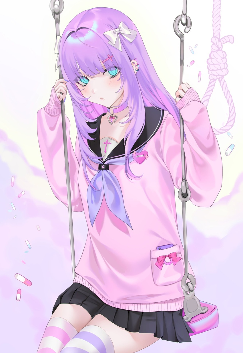 abstract_background aqua_eyes bad_id bad_twitter_id black_sailor_collar black_skirt bow cardigan character_name choker commentary cross crying crying_with_eyes_open ear_piercing female hairbow highres latin_cross long_hair luna_(unxi) noose ompf original phone piercing pill pink_thighhighs pleated_skirt purple_hair purple_nails purple_thighhighs sailor_collar simple_background sitting skirt sleeves_past_wrists solo striped_clothes striped_thighhighs swing tears thighhighs white_bow white_thighhighs yami_kawaii