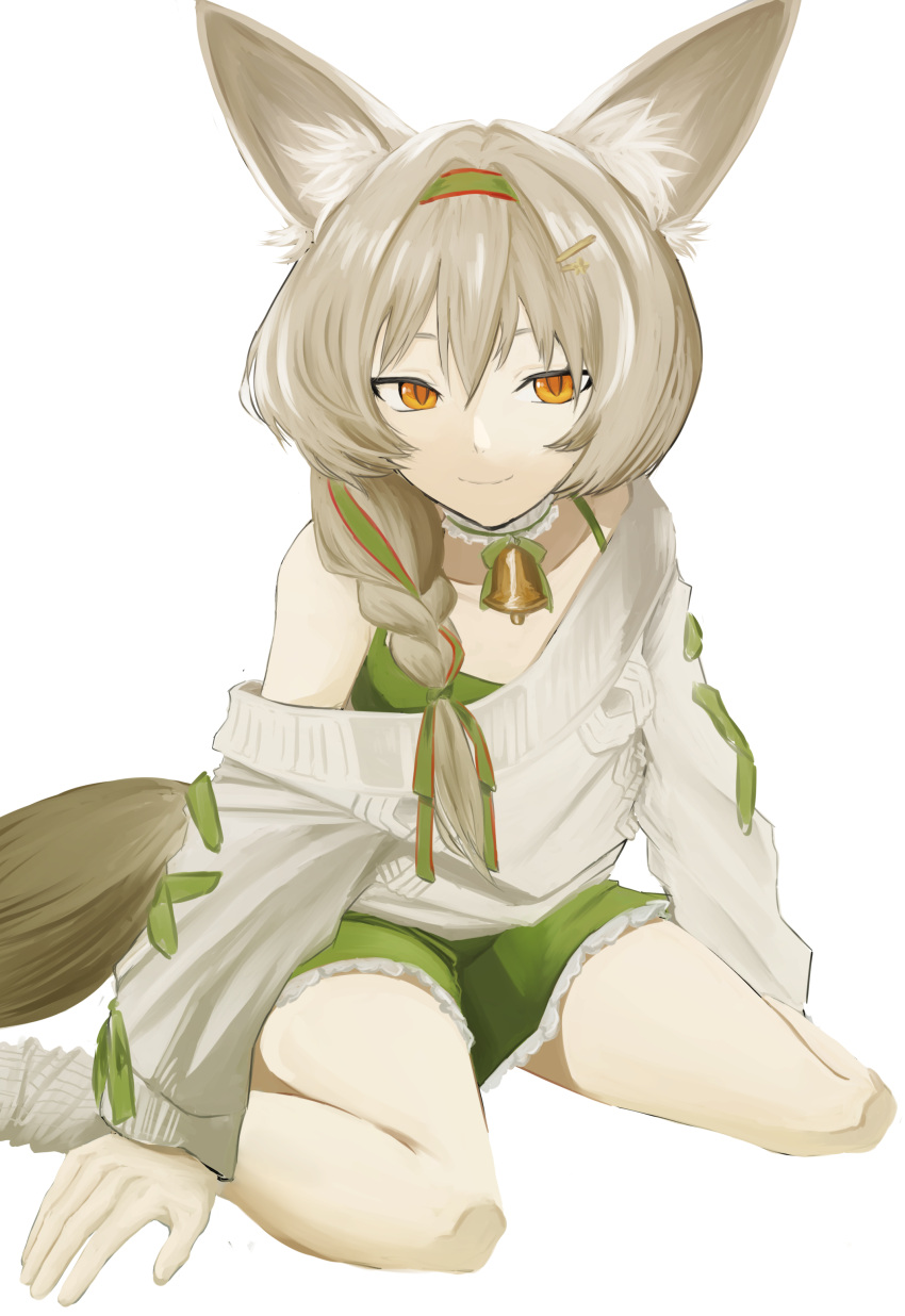 absurdres arknights beanstalk_(arknights) beanstalk_(gift_uncompleted)_(arknights) bell braid choker dress female frilled_choker frills green_dress green_hairband green_ribbons hair_ribbon hairband highres hyena_ears hyena_girl hyena_tail light_brown_hair long_hair looking_at_viewer moon-of-scarlet neck_bell off-shoulder_sweater off_shoulder official_alternate_costume orange_eyes ribbon simple_background sitting smile socks solo sweater wariza white_background white_choker white_socks white_sweater