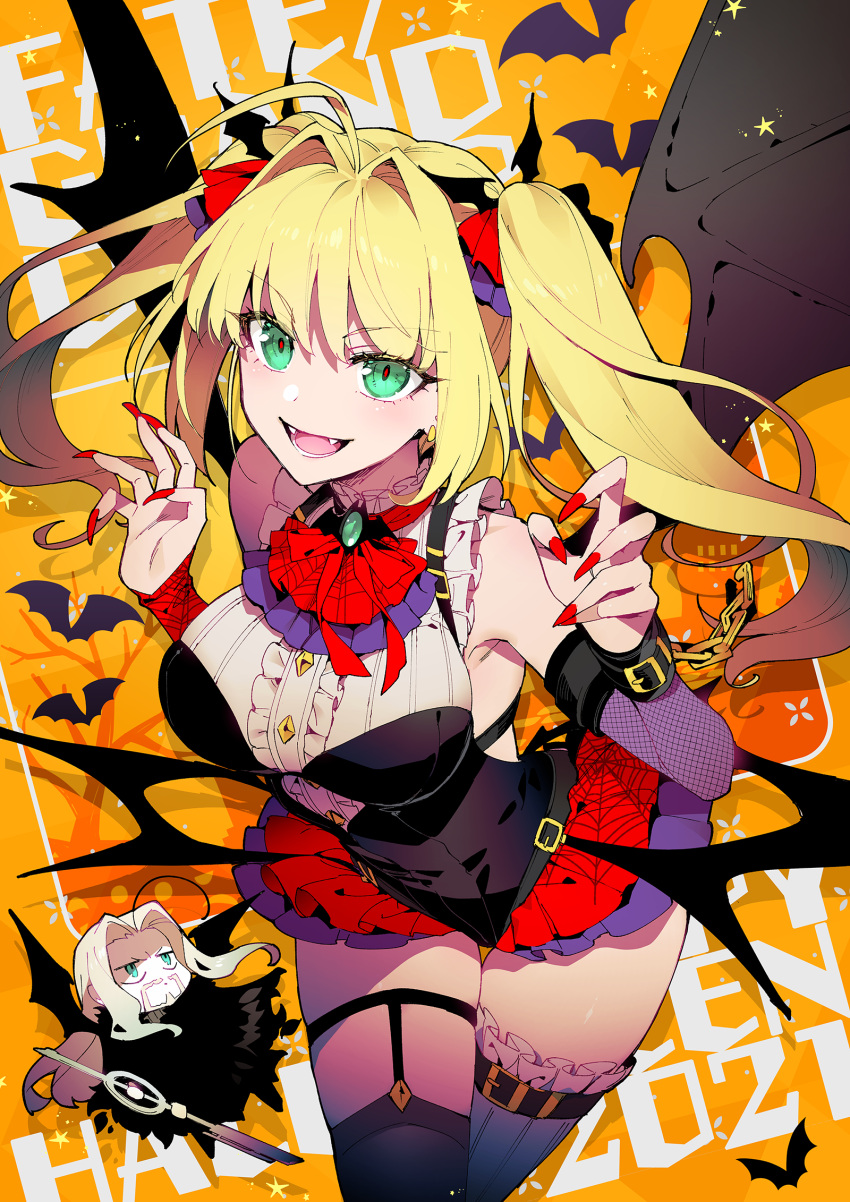 1boy ahoge alternate_costume asymmetrical_legwear asymmetrical_sleeves backless_dress backless_outfit bare_shoulders bat_wings beard blonde_hair bra_strap breasts center_frills chibi cover cover_page cowboy_shot crossed_legs detached_sleeves dress facial_hair fangs fate/grand_order fate_(series) female fingernails frills garter_straps green_eyes hair_between_eyes hair_intakes hands_up highres koshiro_itsuki large_breasts leaning_forward long_fingernails long_hair looking_at_viewer mismatched_legwear mismatched_sleeves neckerchief nero_claudius_(fate) nero_claudius_(fate/extra) open_mouth red_nails short_dress smile vlad_iii_(fate/apocrypha) wings