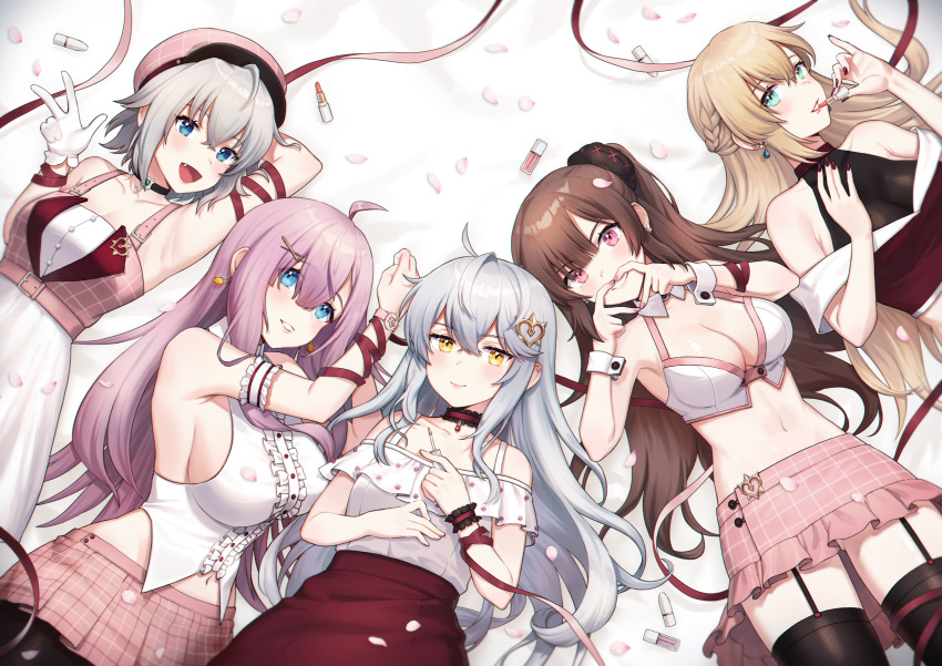 5girls :d absurdres ahoge alternate_costume applying_makeup arm_behind_head armband armpits ass_visible_through_thighs bad_id bad_pixiv_id bare_shoulders belt belt_buckle black_legwear black_nails blonde_hair blue_eyes blunt_bangs blush bomi_(counter:side) braid breasts brown_hair buckle buttons center_frills choi_ina choker cleavage collarbone commentary_request cosmetics counter:side crop_top crossed_bangs dress ear_piercing earrings frilled_armband frilled_choker frilled_shirt frilled_skirt frills from_above gaeun_(counter:side) garter_straps gem gloves green_eyes grey_hair grin group_picture hair_between_eyes hair_ornament halterneck hand_on_own_chest hand_up hands_up heart heart_hair_ornament heart_hands high-waist_skirt highres holding holding_lipstick_tube jewelry large_breasts lipstick lipstick_tube long_hair looking_at_viewer lowleg lowleg_skirt lumi_(counter:side) lying makeup medium_breasts medium_skirt miniskirt miya_(counter:side) multiple_girls nail_polish navel noixen oerba_yun_fang off-shoulder_dress off_shoulder on_back on_side one_side_up parted_lips petals piercing pink_belt pink_eyes pink_hair pink_lips pink_nails pink_skirt plaid plaid_skirt pleated_skirt red_lips red_skirt ribbon shirt short_hair sideboob sidelocks skirt sleeveless sleeveless_shirt smile spaghetti_strap stomach swept_bangs thighhighs w watch white_dress white_gloves white_hair white_shirt wrist_cuffs wristwatch yellow_eyes zettai_ryouiki