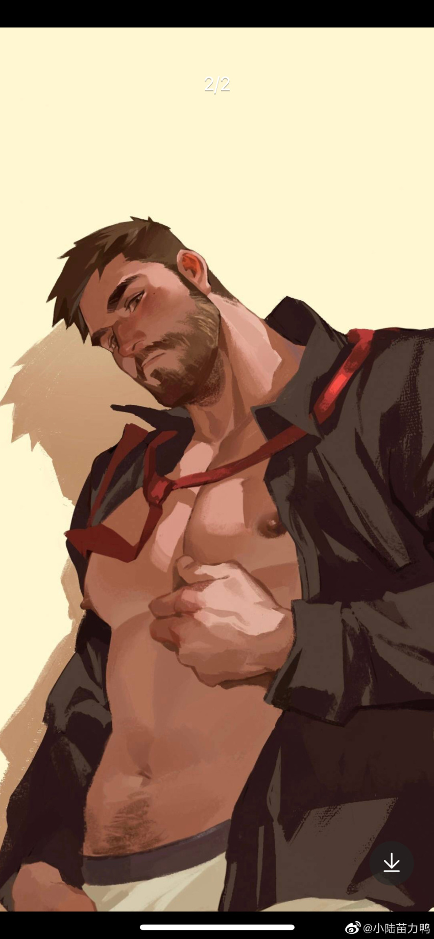 1boy absurdres bara bare_pectorals beard black_shirt blush character_request check_character crotch_grab facial_hair formal head_tilt highres large_pectorals long_sideburns looking_at_viewer loose_necktie male_focus male_underwear male_underwear_peek mature_male moustache muscular muscular_male navel navel_hair necktie nipples no_pants open_clothes open_shirt original out-of-frame_censoring pectorals red_necktie salaryman shirt short_hair sideburns solo stomach underwear weibo_logo weibo_watermark white_male_underwear xiaolumiaoliya