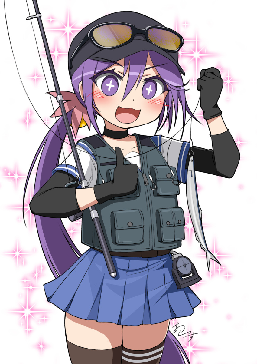 +_+ akebono_(kancolle) akebono_(saury_festival)_(kancolle) baseball_cap bell black_gloves black_hat black_thighhighs black_undershirt blue_skirt earth_ekami eyewear_on_headwear female fish fishing_hook fishing_rod flower gloves grey_vest hair_bell hair_flower hair_ornament hat highres jingle_bell kantai_collection long_hair miniskirt official_alternate_costume pleated_skirt purple_eyes purple_hair saury school_uniform serafuku short_sleeves side_ponytail skirt solo sunglasses thighhighs very_long_hair vest