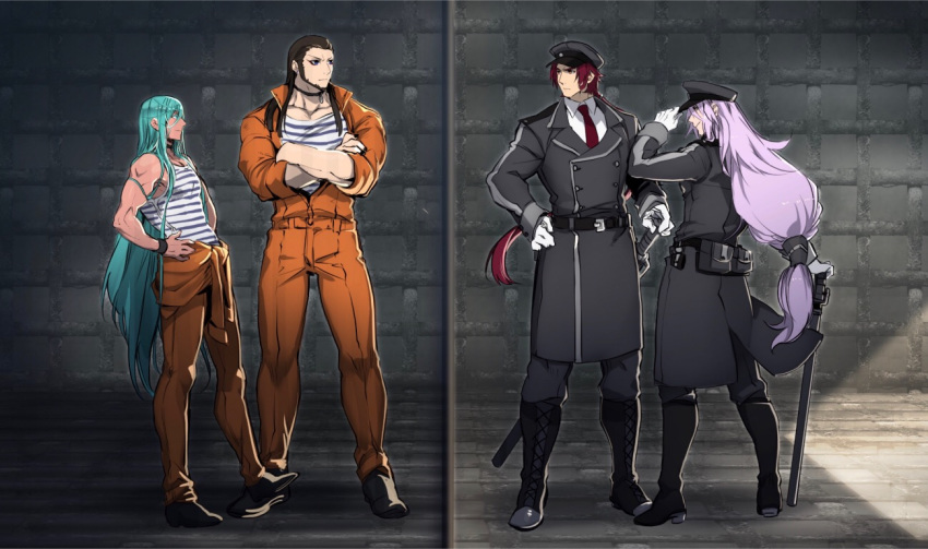 4boys aqua_eyes aqua_hair beard black_nails boots brown_hair chiyoganemaru_(touken_ranbu) coat crossed_arms facial_hair gloves grey_eyes hands_on_own_hips hat jip jumpsuit light_purple_hair long_hair long_sideburns low-tied_long_hair male_focus military military_hat military_uniform multiple_boys necktie nenekirimaru ponytail prison_clothes red_hair sengo_muramasa_(touken_ranbu) sheath sheathed sideburns smile sword tonbokiri_(touken_ranbu) touken_ranbu uniform weapon white_gloves yellow_eyes