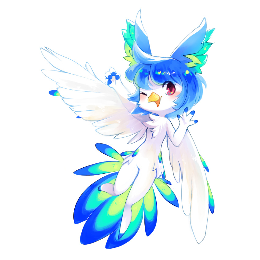 1:1 1_toe 2017 4_fingers aishasoup anthro avian beak bird blue_hair blush chest_tuft feathered_wings feathers female fingers fur hair half-closed_eyes hi_res inner_ear_fluff looking_at_viewer multicolored_body multicolored_feathers narrowed_eyes open_mouth perico red_eyes simple_background solo tuft white_background white_body white_fur wings