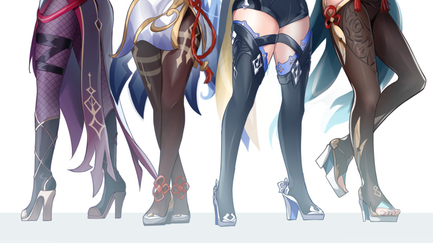 4girls absurdres bodystocking boots chinese_knot commentary_request eula_(genshin_impact) fishnet_pantyhose fishnets ganyu_(genshin_impact) genshin_impact high_heels highres hip_vent legs lower_body mon-chan multiple_girls pantyhose pose power_connection rosaria_(genshin_impact) shenhe_(genshin_impact) shorts tassel thigh_boots thigh_strap thighhighs thighs white_background