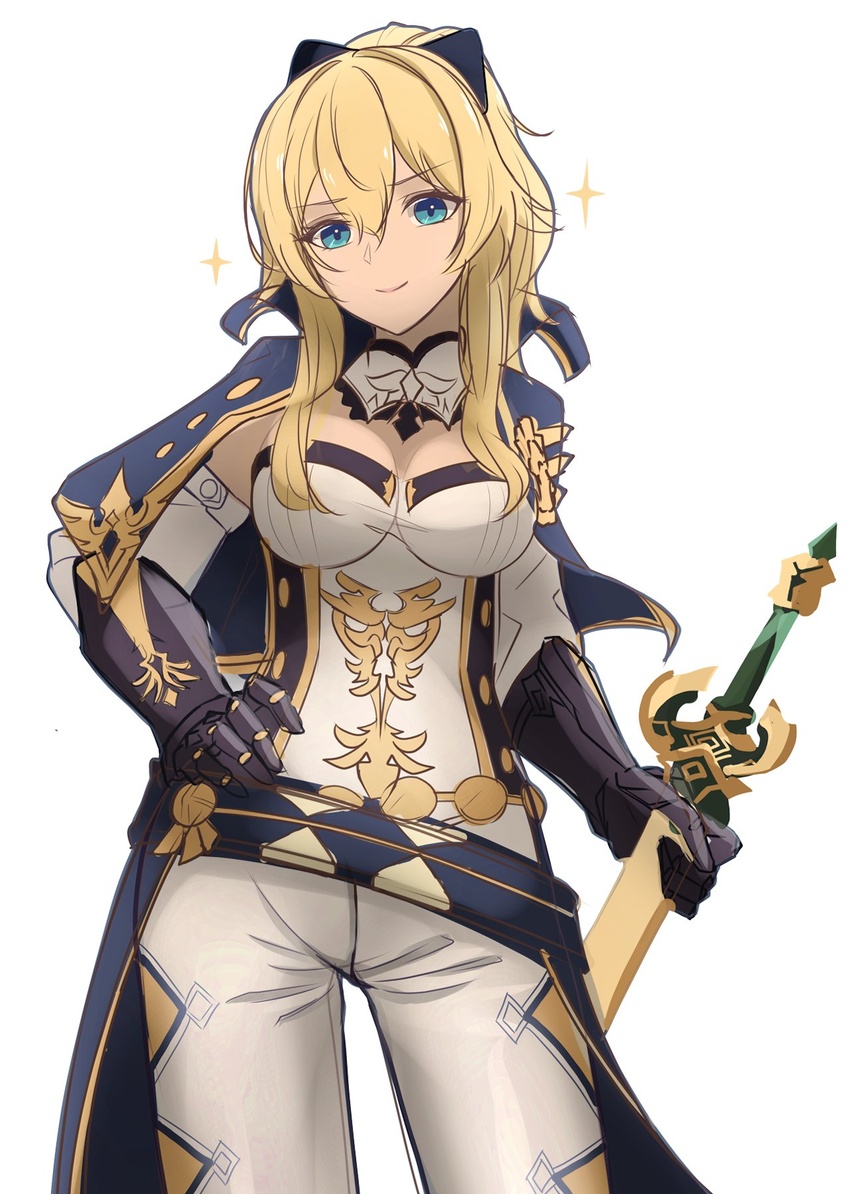 black_bow blonde_hair blue_eyes bow breasts cape cleavage closed_mouth detached_collar detached_sleeves female gauntlets genshin_impact hair_between_eyes hand_on_own_hip highres holding holding_sword holding_weapon jean_(genshin_impact) long_sleeves looking_at_viewer medium_breasts medium_hair metal_gloves mon-chan pants ponytail simple_background smile solo sparkle sword weapon white_background white_pants