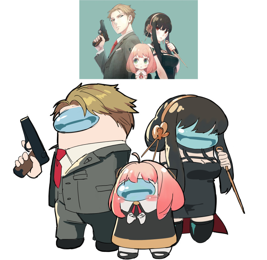 absurdres among_us anya_(spy_x_family) anya_(spy_x_family)_(cosplay) black_hair blonde_hair blush_stickers cokeanut10 cosplay crewmate_(among_us) crossover dagger derivative_work disembodied_hand eden_academy_school_uniform endou_tatsuya family formal grey_suit gun headband highres holding holding_dagger holding_gun holding_knife holding_weapon knife necktie pink_hair red_necktie reference_inset school_uniform spy_x_family suit twilight_(spy_x_family) twilight_(spy_x_family)_(cosplay) weapon yor_briar yor_briar_(cosplay)