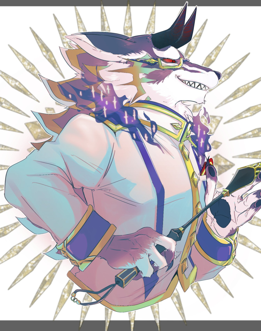 1boy animal_nose bael_(housamo) black_fire colored_sclera commentary_request evil_grin evil_smile fingernails fire furry furry_male glasses gold_trim grin highres holding horns izm_(izm_rm7) letterboxed long_hair long_sleeves looking_to_the_side male_focus multicolored_fur muted_color purple_fur red_sclera riding_crop school_uniform sharp_fingernails sharp_teeth simple_background smile snout solo teeth tokyo_afterschool_summoners upper_body white_fur