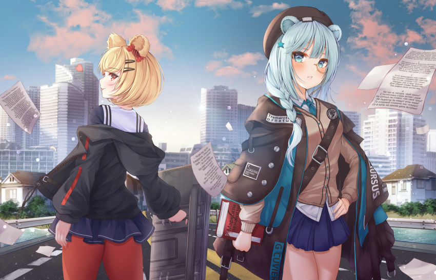 2girls arknights bnari book building city gum_(arknights) istina_(arknights)