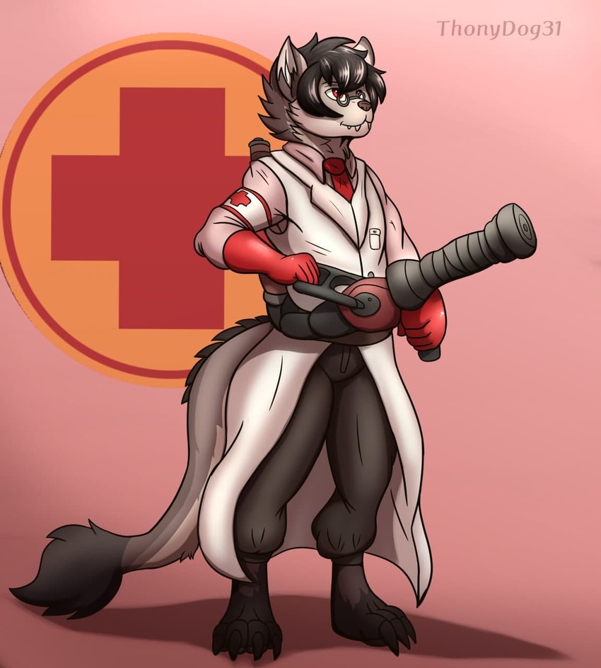 anthro barefoot canid canine claws clothed clothing coat cosplay costume dragon eyewear feet glasses gloves handwear hi_res holding_object hybrid lab_coat male mammal medic_(team_fortress_2) mythological_creature mythological_scalie mythology necktie red_cross scalie simple_background solo standing tail team_fortress_2 thony_dog toe_claws topwear valve