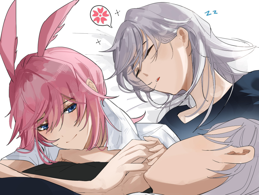 2girls 3o_c animal_ears black_shirt blue_eyes closed_eyes closed_mouth fox_ears honkai_(series) honkai_impact_3rd kallen_kaslana looking_at_another multiple_girls multiple_views open_mouth pink_hair shirt sleeping sleeveless smile speech_bubble white_background white_hair white_shirt yae_sakura yuri zzz