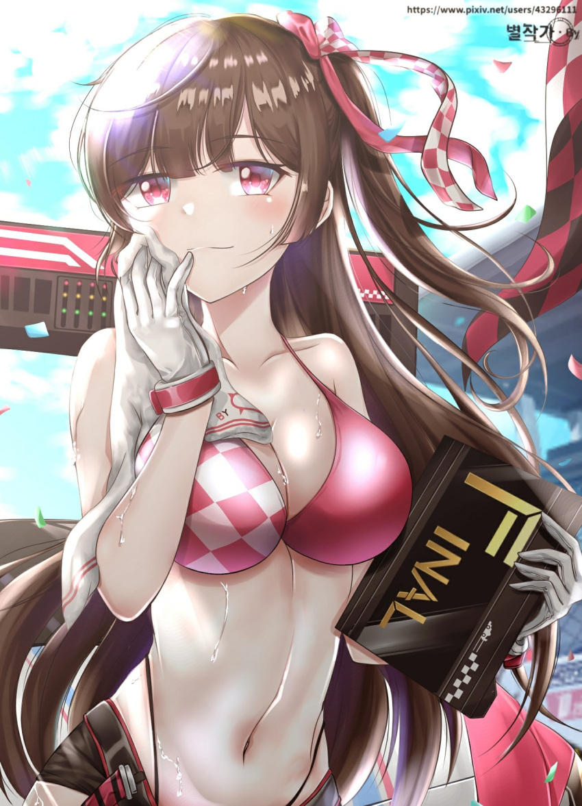 bare_shoulders bikini bikini_under_clothes black_shorts blush breasts brown_hair byeoljagga checkered_clothes cleavage collarbone commentary_request confetti counter:side day female gloves halterneck highleg highres holding holding_towel korean_commentary linea_alba long_hair looking_at_viewer lumi_(counter:side) navel no_shirt outdoors pink_bikini pink_eyes pixiv_id race_queen shorts sky solo_focus stomach sweat swimsuit towel web_address white_gloves