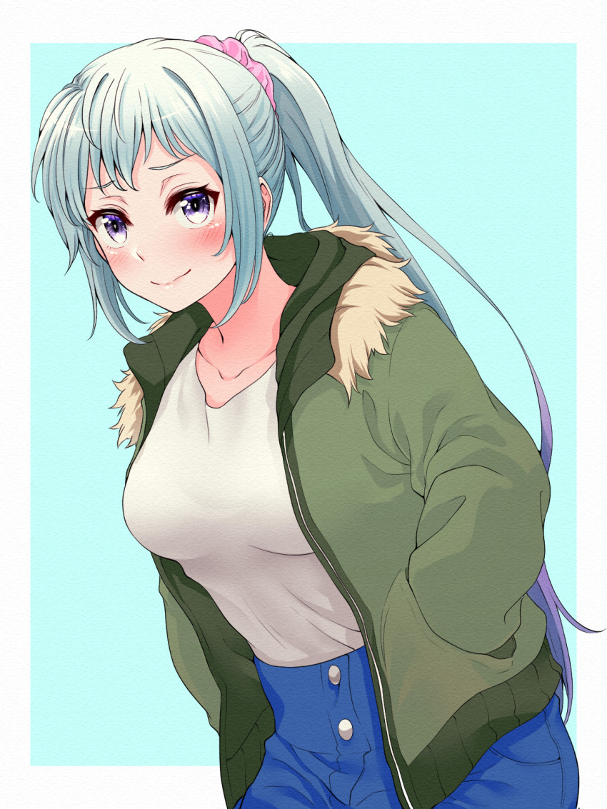 blue_background blue_jacket blue_pants blush breasts closed_mouth collarbone female fur-trimmed_jacket fur_trim grey_hair hair_ornament hair_scrunchie hands_in_pockets highres jacket kawasaki_saki leaning_forward long_hair medium_breasts open_clothes open_jacket pants pink_scrunchie ponytail purple_eyes red_hayao scrunchie shirt smile solo standing very_long_hair white_shirt yahari_ore_no_seishun_lovecome_wa_machigatteiru.