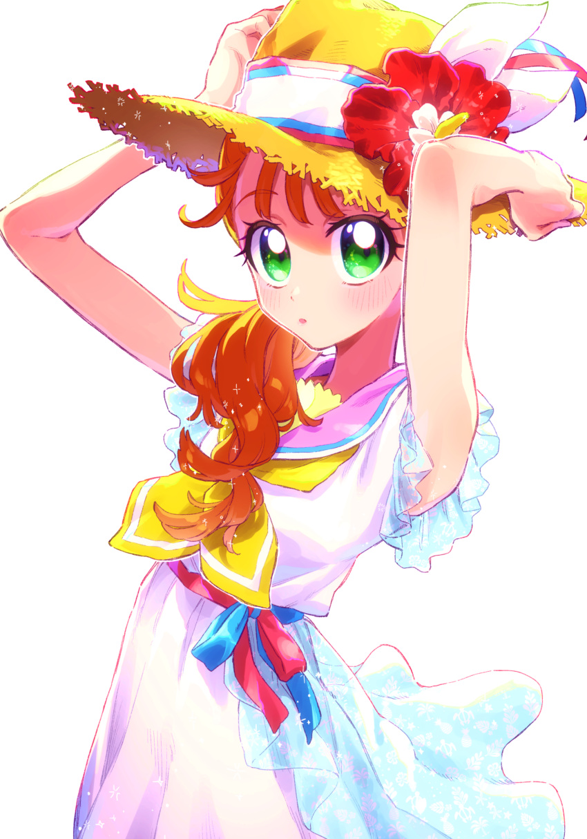 :o absurdres adjusting_clothes adjusting_headwear armpits arms_up blue_stripes blush bow commentary dress female flower frilled_dress frills green_eyes hair_over_shoulder hair_strand hat hat_bow hat_flower heart heart_in_eye hibiscus highres long_hair looking_at_viewer multicolored_bow natsuumi_manatsu neckerchief okimochi open_mouth orange_hair parted_lips pink_sailor_collar precure sailor_collar shadow side_ponytail simple_background sleeveless sleeveless_dress solo sparkle straw_hat sun_hat symbol_in_eye tropical-rouge!_precure upper_body white_background white_dress yellow_neckerchief