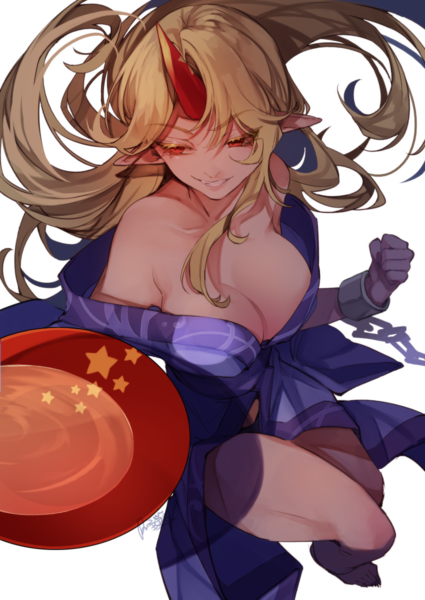 absurdres alcohol bare_shoulders barefoot blonde_hair blue_kimono breasts cleavage clenched_hand collarbone commentary_request cup female highres holding holding_cup horns hoshiguma_yuugi hoshiguma_yuugi_(kimono) japanese_clothes kimono large_breasts long_hair pointy_ears red_eyes red_horns risui_(suzu_rks) sakazuki sake signature single_horn solo touhou