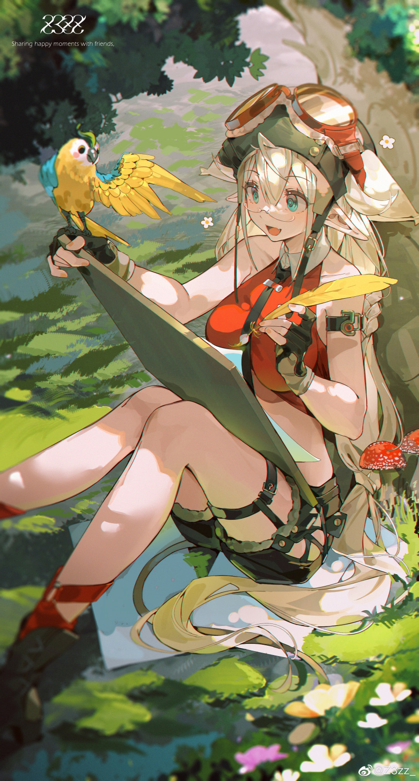 absurdres aqua_eyes arm_belt belt bird bird_on_hand blonde_hair drawing_board female fingerless_gloves flower gloves goggles goggles_on_head grasslands hair_between_eyes highres holding holding_quill long_hair oerba_yun_fang open_mouth original outdoors pointy_ears quill sitting skin_fang thigh_belt thigh_strap tree weibo_logo weibo_watermark z3zz4