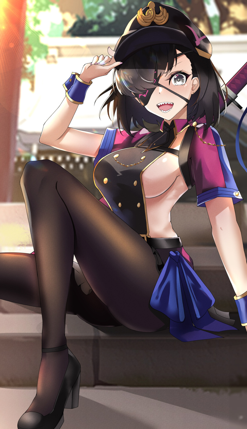 absurdres black_hair black_hat black_pantyhose blush breasts chinese_commentary commentary dress eyepatch fate/grand_order fate_(series) female grey_eyes hair_over_one_eye hat highres large_breasts looking_at_viewer musicatopos mysterious_ranmaru_x_(fate) open_mouth pantyhose peaked_cap purple_dress sharp_teeth short_hair short_sleeves sideboob sitting smile solo teeth thighs wrist_cuffs