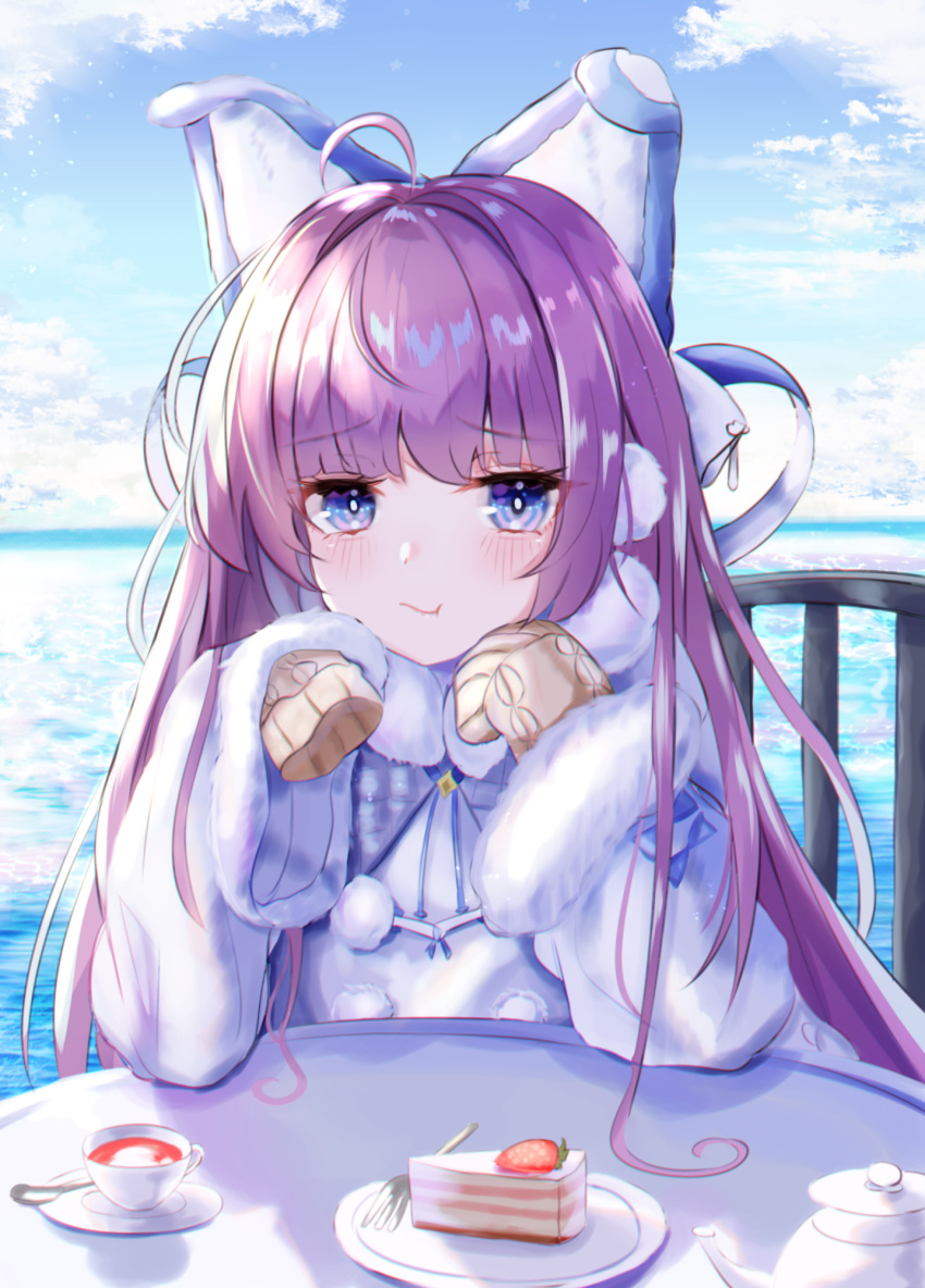 animal_ears azur_lane black_tea blue_eyes blue_sky blush brown_sweater coat cup day fake_animal_ears female food fruit fur-trimmed_coat fur-trimmed_sleeves fur_trim hair_ornament hair_ribbon highres long_hair long_sleeves looking_at_viewer ocean panipo plate purple_hair ribbon sitting sky solo strawberry sweater tashkent_(azur_lane) tea teacup very_long_hair very_long_sleeves white_coat winter_clothes