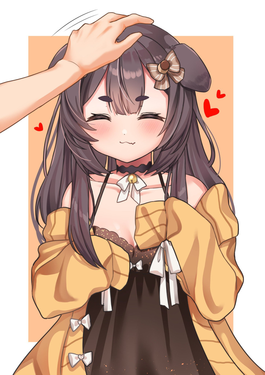 1other :3 ^_^ animal_ears black_choker black_dress border bow brown_bow choker closed_eyes collarbone commission dog_ears dog_girl dress female hairbow headpat heart highres inukai_purin komiojisan oerba_yun_fang orange_background outside_border skeb_commission skin_fang sleeves_past_fingers sleeves_past_wrists smile sweater tsunderia virtual_youtuber white_border white_bow yellow_sweater