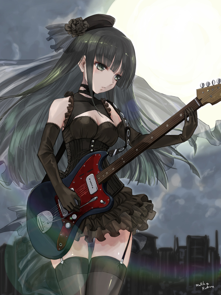 absurdres black_choker black_eyes black_flower black_gloves black_hair black_hat black_skirt blunt_bangs breasts choker cleavage elbow_gloves electric_guitar female fender_jazzmaster floating_hair flower garter_straps gloves grey_thighhighs guitar hair_flower hair_ornament hat highres hinabita holding holding_instrument instrument jun_(rellik_&_redrum) layered_skirt long_hair medium_breasts miniskirt parted_lips shimotsuki_rin shiny_clothes shiny_legwear skirt solo standing thighhighs veil very_long_hair zettai_ryouiki