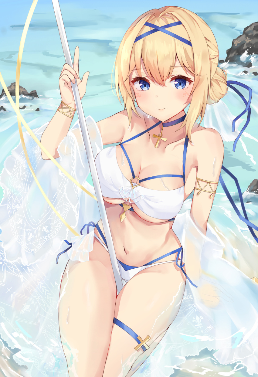 absurdres armlet azur_lane bad_id bad_pixiv_id bare_shoulders between_legs bikini blonde_hair blue_choker blue_ribbon blush bracelet breasts choker cleavage closed_mouth collarbone cross cross_choker female hair_bun hair_intakes hair_ribbon highres holding jeanne_d'arc_(azur_lane) jeanne_d'arc_(saintess_of_the_sea)_(azur_lane) jewelry looking_at_viewer medium_breasts multi-strapped_bikini naga_tacos navel official_alternate_costume ribbon rock see-through shallow_water short_hair side-tie_bikini_bottom sidelocks single_hair_bun sitting smile stomach swimsuit thigh_gap thigh_strap underboob water white_bikini