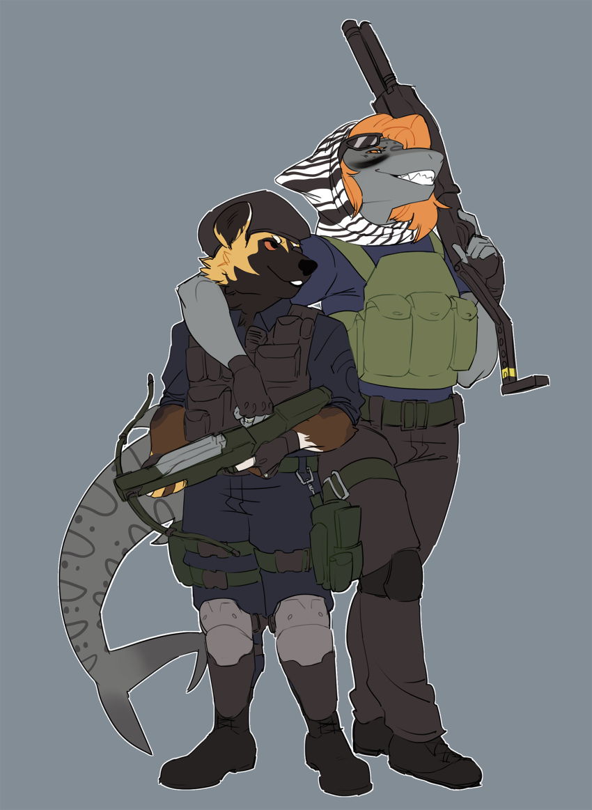 2018 african_wild_dog anthro arm_around_shoulders armor athletic beret big_ears big_tail black_nose blue_byte_(game_developer) body_armor bodypaint boots bottomwear canid canine capitao_(rainbow_six) clothing cosmicminerals cosplay crossbow duo emille_selachi eyewear eyewear_on_head face_paint fari_paredes female fingerless_gloves fish footwear fur fur_pattern fuzzy_tail gloves gun hair handwear hat headgear headwear hi_res holding_object holding_weapon huge_tail hybrid kerchief larger_female male male/female mammal marine military military_uniform multicolored_body multicolored_fur narrowed_eyes orange_eyes orange_hair pants pouches rainbow_six rainbow_six:_siege ranged_weapon shark shemagh shirt shotgun side_cut simple_background size_difference smaller_male sunglasses sunglasses_on_head tail tom_clancy's_(series) topwear ubisoft uniform valkyrie_(rainbow_six) weapon