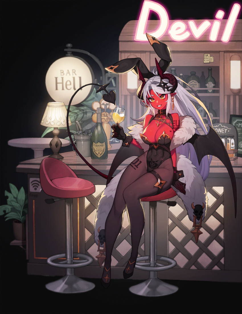 absurdres alcohol animal_ears bar_(place) black_wings bottle breasts brown_pantyhose chair colored_skin covered_navel cup demon_girl demon_horns demon_tail demon_wings earrings fake_animal_ears female full_body hellk111 highres holding holding_cup horns jewelry lamp long_hair looking_at_viewer on_chair original pantyhose playboy_bunny pointy_ears rabbit_ears red_skin sitting smile solo tail thigh_strap white_hair wings yellow_eyes