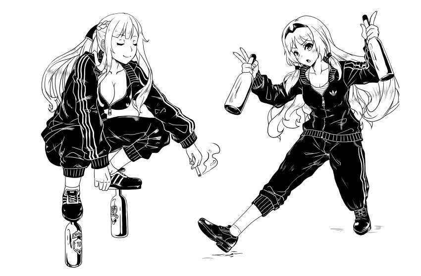 2girls :o absurdres adidas ak-12_(girls'_frontline) an-94_(girls'_frontline) black_track_suit blush bottle breasts cigarette cleavage closed_eyes collarbone commentary_request cyrillic girls'_frontline gopnik greyscale hair_ornament highres hitch_(perotoss) holding holding_bottle korean_commentary large_breasts long_hair long_sleeves looking_at_viewer medium_breasts monochrome multiple_girls pants partially_unzipped shirt sidelocks simple_background slav_squatting smile smoke smoking squatting striped_clothes striped_shirt sweatpants telnyashka track_suit v white_background