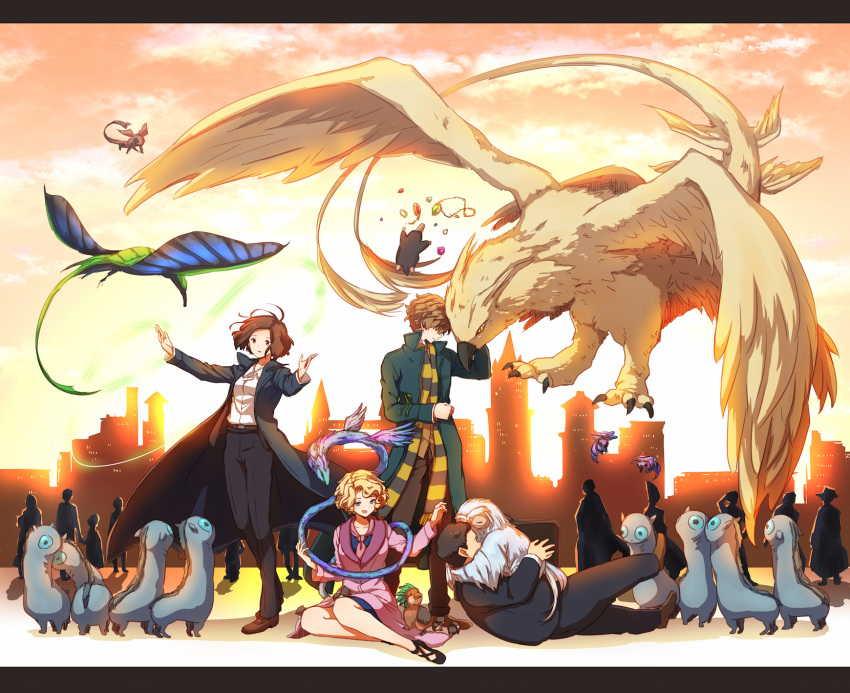 2boys 2girls animal black_pants blonde_hair blue_eyes coat collared_shirt creature fantastic_beasts_and_where_to_find_them formal highres jacob_kowalski jewelry kapirusu letterboxed magic monkey multiple_boys multiple_girls newt_scamander pants platypus porpentina_goldstein queenie_goldstein shirt sitting suit white_shirt wizarding_world