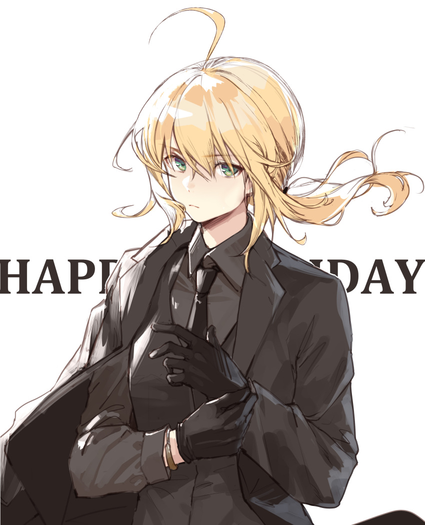 absurdres adjusting_clothes adjusting_gloves ahoge androgynous aqua_eyes artoria_pendragon_(fate) black_gloves clouble fate/zero fate_(series) female formal gloves happy_birthday highres long_hair looking_at_viewer necktie saber_(fate) solo suit white_background wind