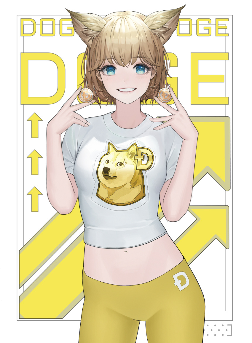 absurdres animal_ears arrow_(symbol) breasts coin cowboy_shot daeho_cha dog_ears doge dogecoin female green_eyes grin hands_up highres kabosu_(dog) large_breasts looking_at_viewer navel orange_pants original pants shirt short_hair short_sleeves smile solo stomach teeth white_background white_shirt