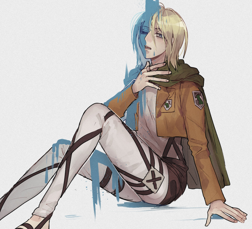 annie_leonhart aquiline_nose bad_id bad_twitter_id barefoot belt black_belt blonde_hair blue_eyes brown_jacket brown_sash cape capelet cloak emblem female full_body green_capelet green_cloak half-closed_eyes highres hood hooded_cloak hoodie jacket long_sleeves medium_hair military military_police_brigade_(emblem) military_uniform one_eye_closed open_clothes open_jacket open_mouth pants paradis_military_uniform pi0w0pi sash shingeki_no_kyojin short_hair sitting suspenders thigh_strap uniform water waterfall white_pants