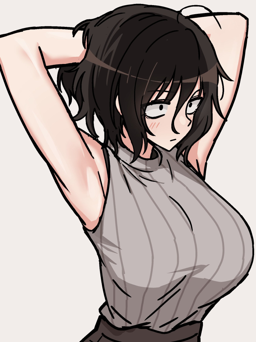 armpits arms_behind_head arms_up asai_akira bare_arms bare_shoulders black_hair black_skirt blush breasts closed_mouth female grey_background grey_shirt hair_between_eyes highres large_breasts nankyoku_(gfey8832) shirt simple_background skirt sleeveless sleeveless_shirt solo upper_body wide-eyed yofukashi_no_uta