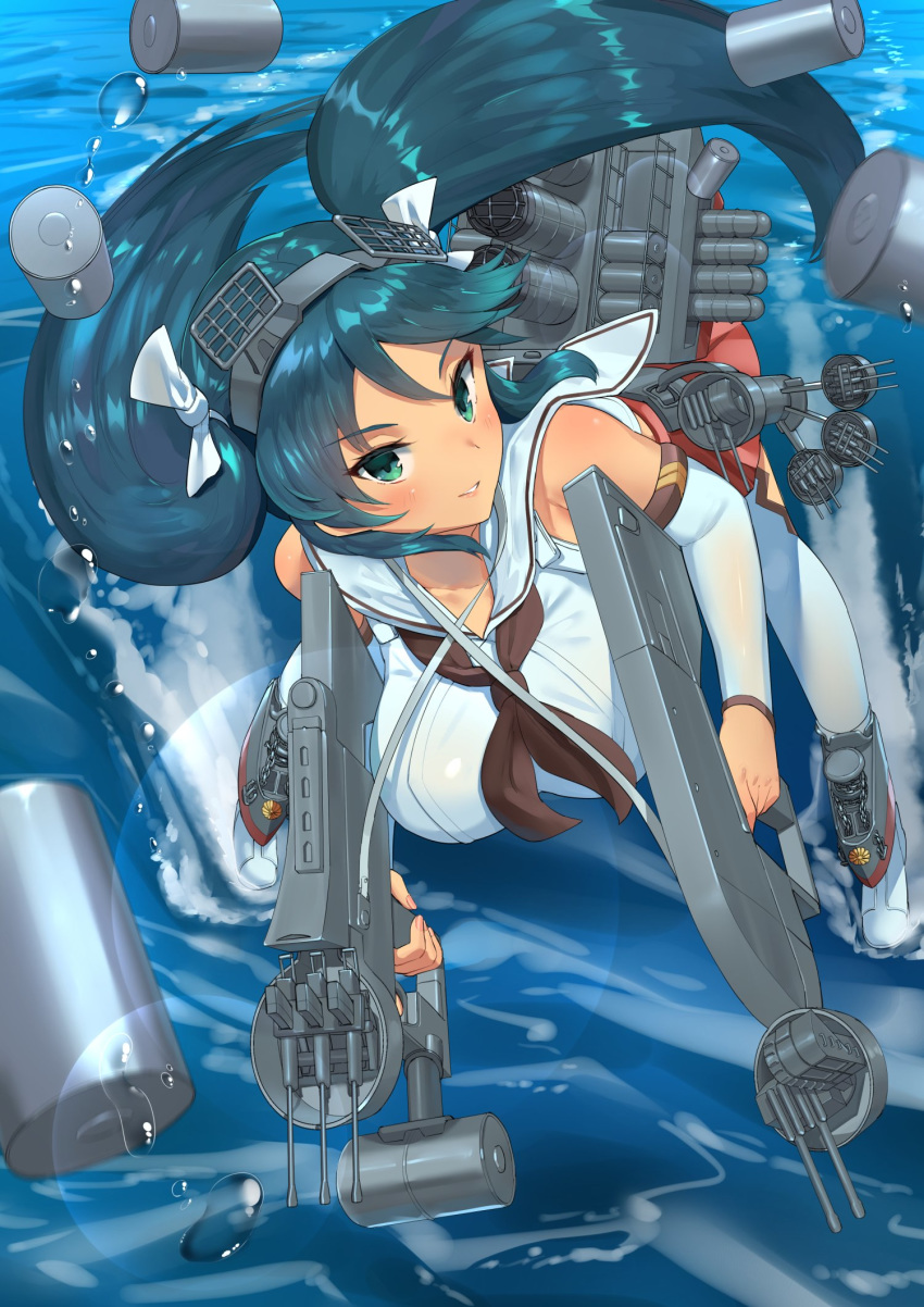 bad_id bad_twitter_id blue_hair breasts brown_neckerchief depth_charge detached_sleeves female full_body green_eyes hair_ribbon hairband highres isuzu_(kancolle) isuzu_kai_ni_(kancolle) kantai_collection large_breasts long_hair looking_at_viewer machinery neckerchief osananajimi_neko pleated_skirt red_skirt ribbon sailor_collar school_uniform serafuku skirt solo twintails water white_sailor_collar