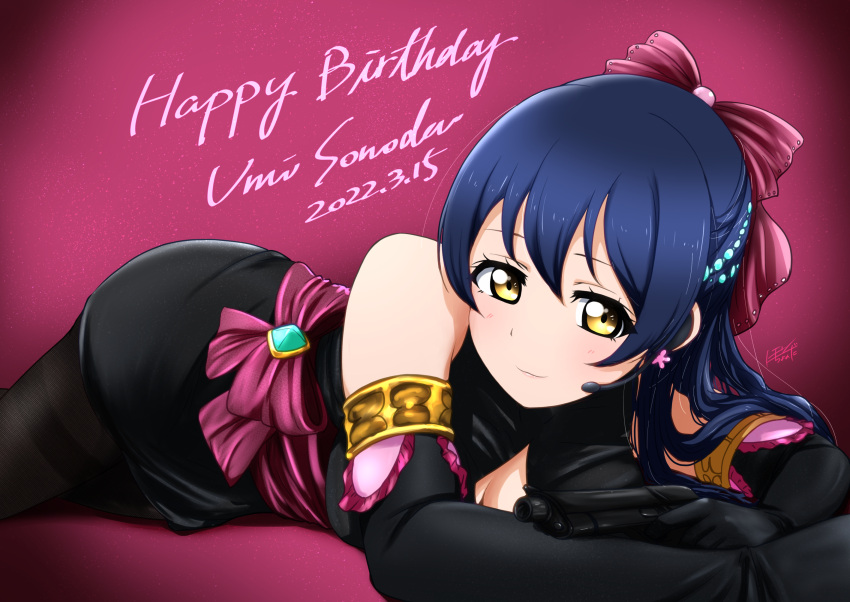 birthday black_dress black_gloves black_pantyhose blue_hair breast_cutout character_name commentary_request dated dress elbow_gloves english_text female gloves gun hair_ribbon handgun happy_birthday headset highres holding holding_gun holding_weapon long_hair looking_at_viewer love_live! love_live!_school_idol_project lying noochan_chonoda pantyhose red_background ribbon simple_background soldier_game solo sonoda_umi swept_bangs thighband_pantyhose weapon yellow_eyes