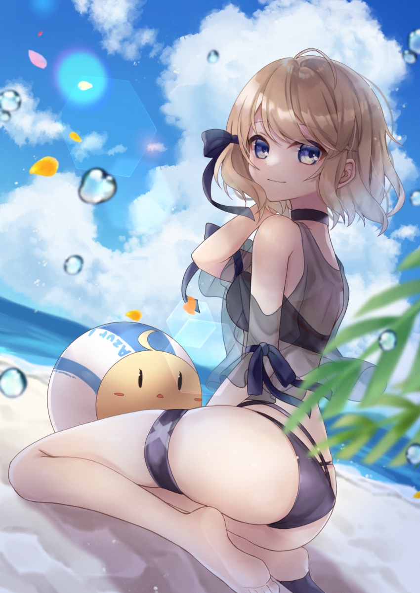 ass azur_lane bare_shoulders beach bikini black_bikini blue_eyes blush commentary_request day female highres innertube lens_flare looking_at_viewer manjuu_(azur_lane) official_alternate_costume ougi_(u_to4410) outdoors see-through short_hair smile swim_ring swimsuit water_drop z23_(azur_lane) z23_(breezy_doubles)_(azur_lane)