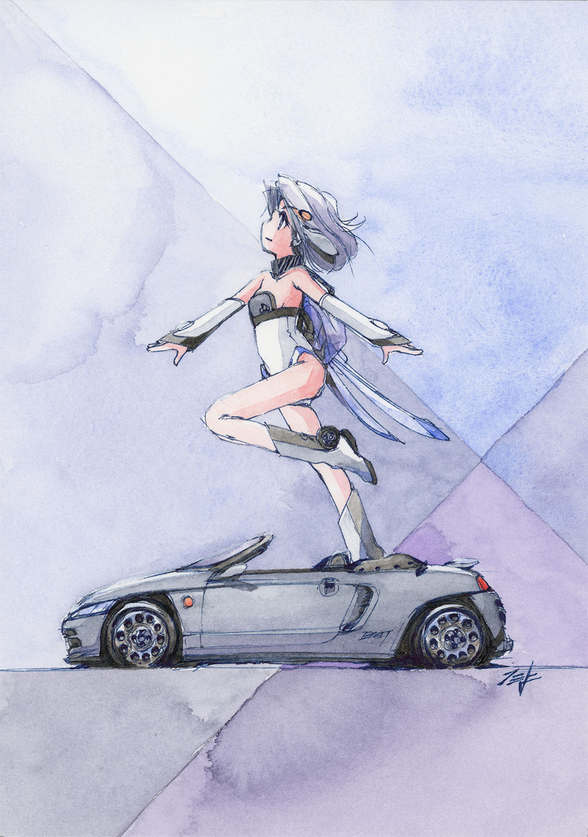 beat_(hi_fumiyo) blue_eyes boots car convertible detached_sleeves expressionless female from_side grey_footwear grey_hair grey_leotard hi_fumiyo highres honda leotard looking_up motor_vehicle open_hands original painting_(medium) personification shadow short_hair signature sleeves_past_wrists solo sports_car traditional_media vehicle_and_personification watercolor_(medium) wheel