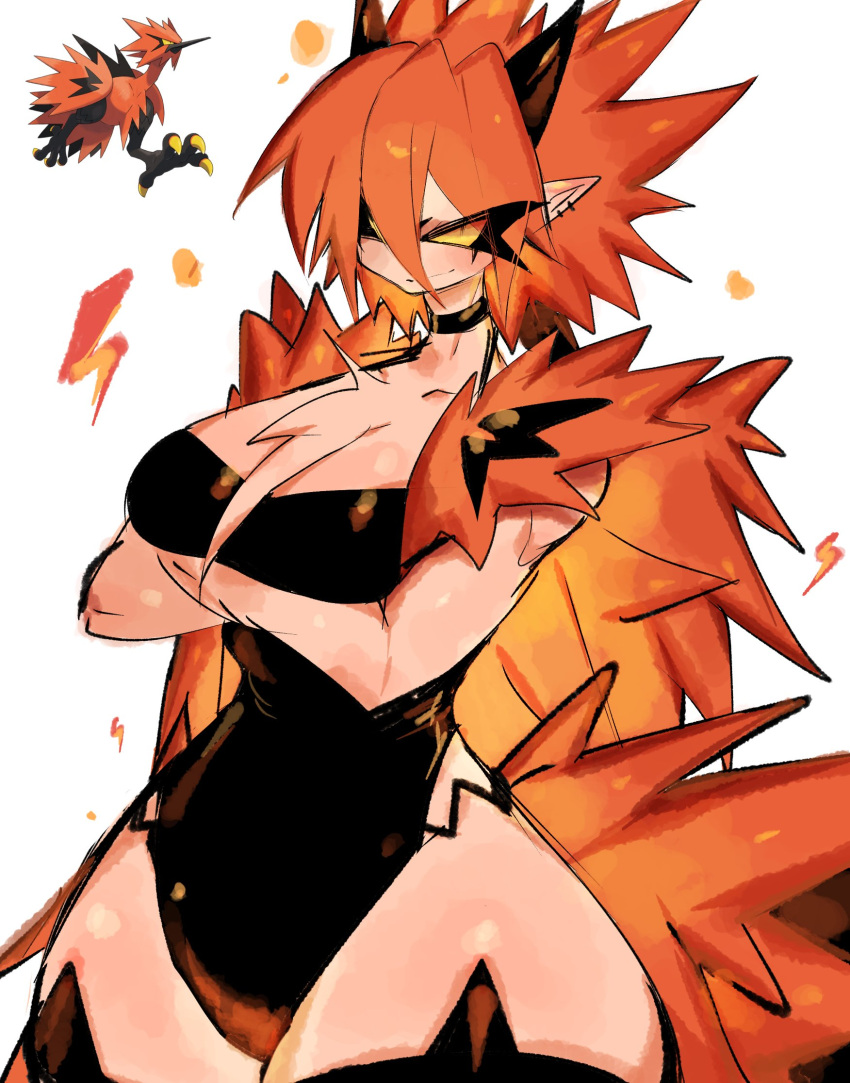 arms_under_breasts black_leotard black_sclera black_thighhighs breasts closed_mouth colored_sclera cowboy_shot crossed_arms ear_piercing female galarian_zapdos highleg highleg_leotard highres large_breasts leotard looking_at_viewer orange_hair personification piercing pointy_ears pokemon pokemon_(creature) simple_background smile solo spiked_hair standing thick_thighs thighhighs thighs usa37107692 white_background yellow_eyes